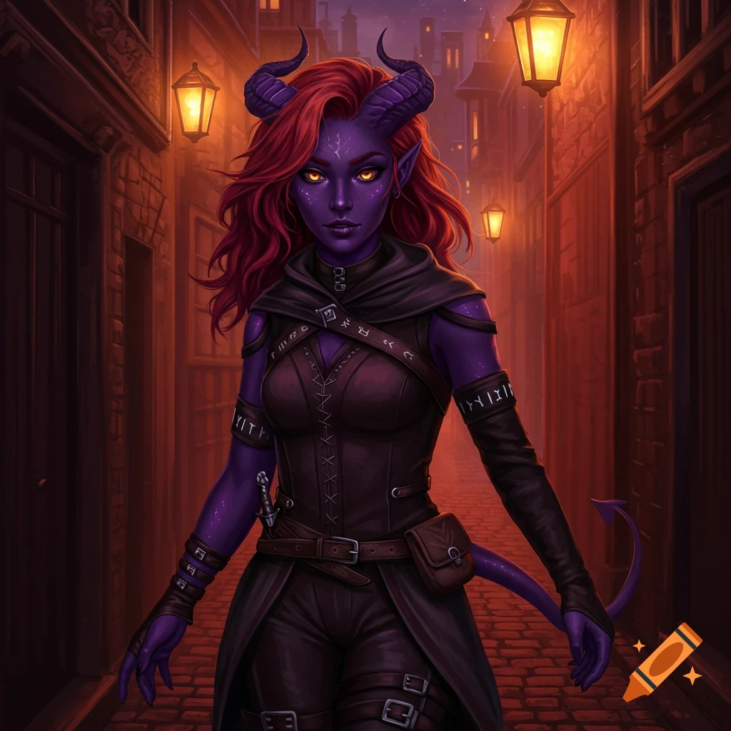A female tiefling rogue with purple skin, red hair, and gold eyes stands in a dark alley at night under glowing lanterns, in a digital art style.