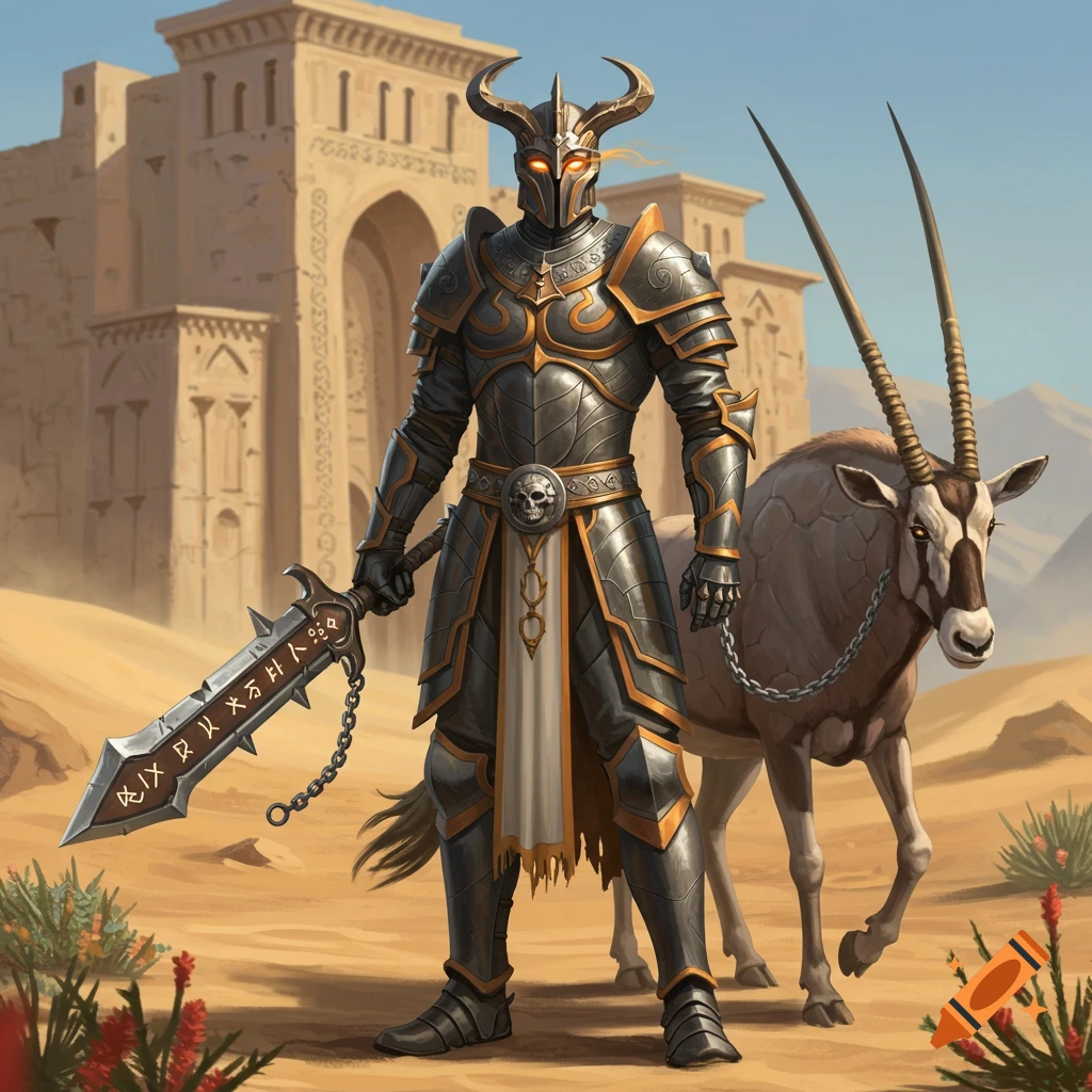 A formidable knight in dark gray and orange armor, with glowing eyes and horns, stands in a desert next to an Arabian oryx.