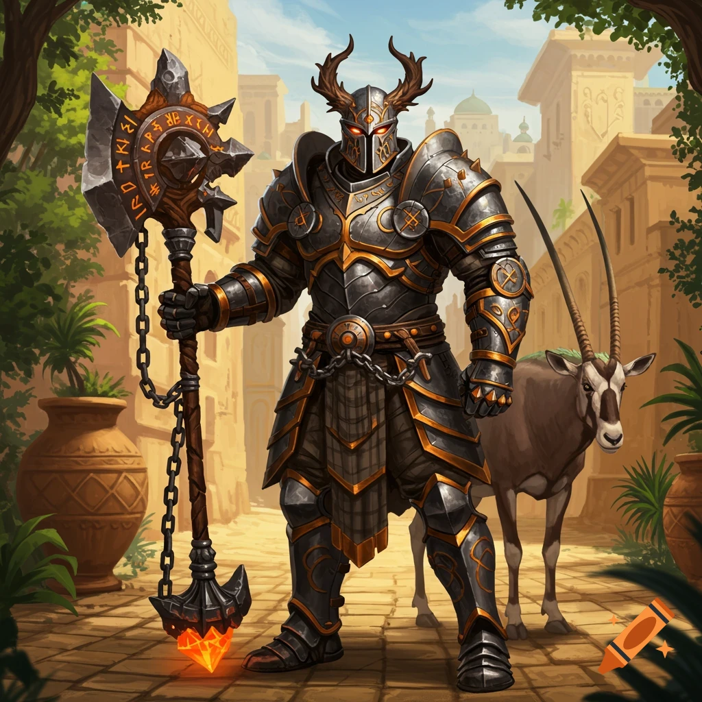 An imposing armored knight with a horned helmet and glowing eyes stands with a large, glowing runic axe and an oryx companion in an ancient desert city, fantasy art.