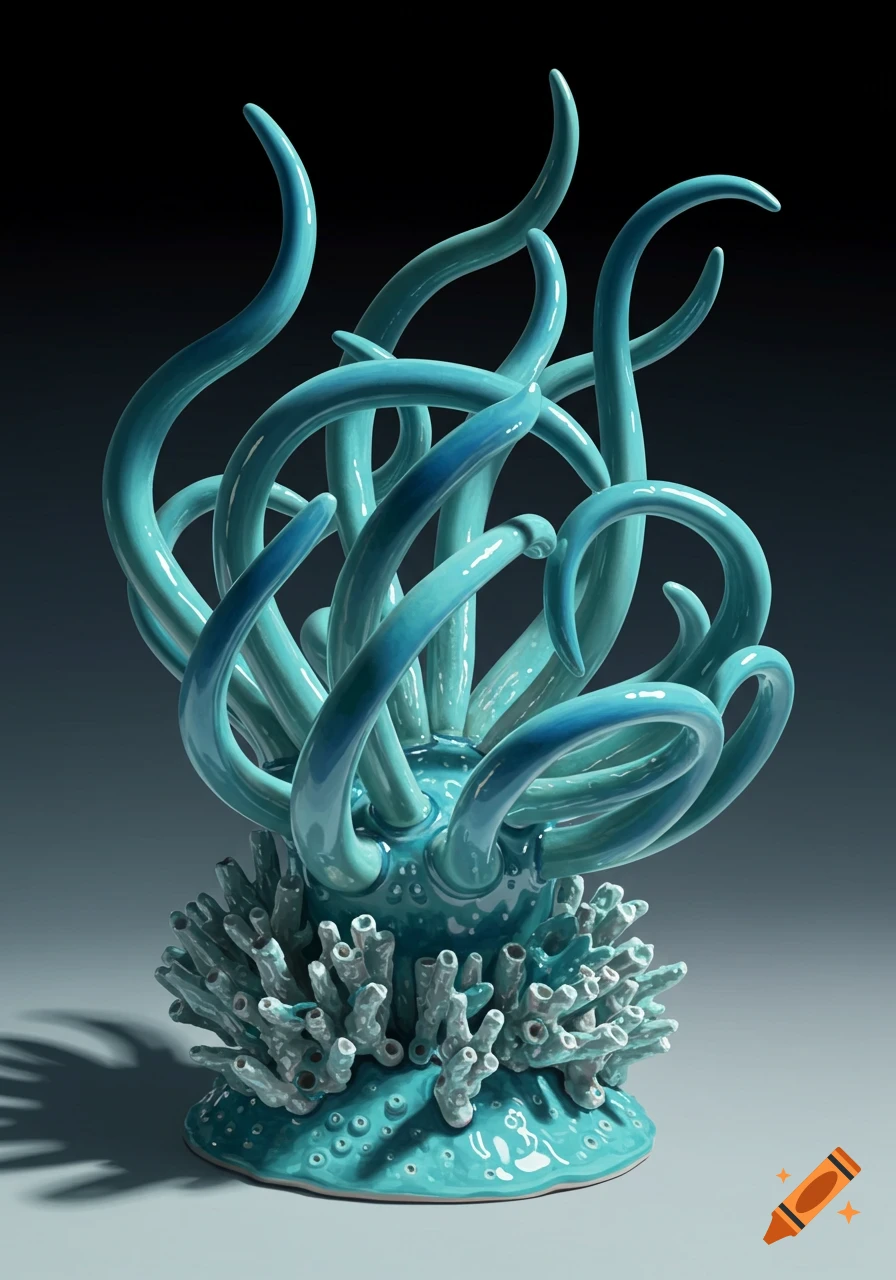 A glossy teal abstract ceramic sculpture resembling a sea anemone with numerous wavy tentacles and a coral-like base, against a dark background.