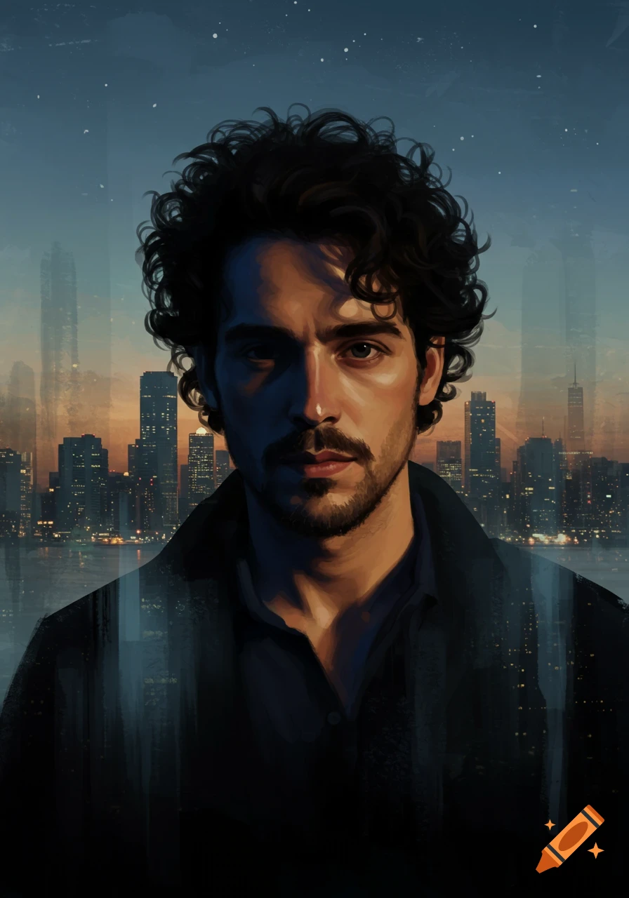 A close-up digital painting of a man with dark curly hair and a beard, looking directly at the viewer, against a backdrop of a city skyline at dusk.