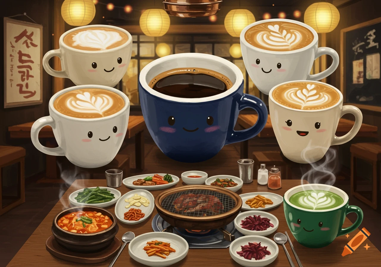 Cute, smiling coffee and matcha mugs float above a Korean restaurant table with a grill, various dishes, and traditional lanterns.