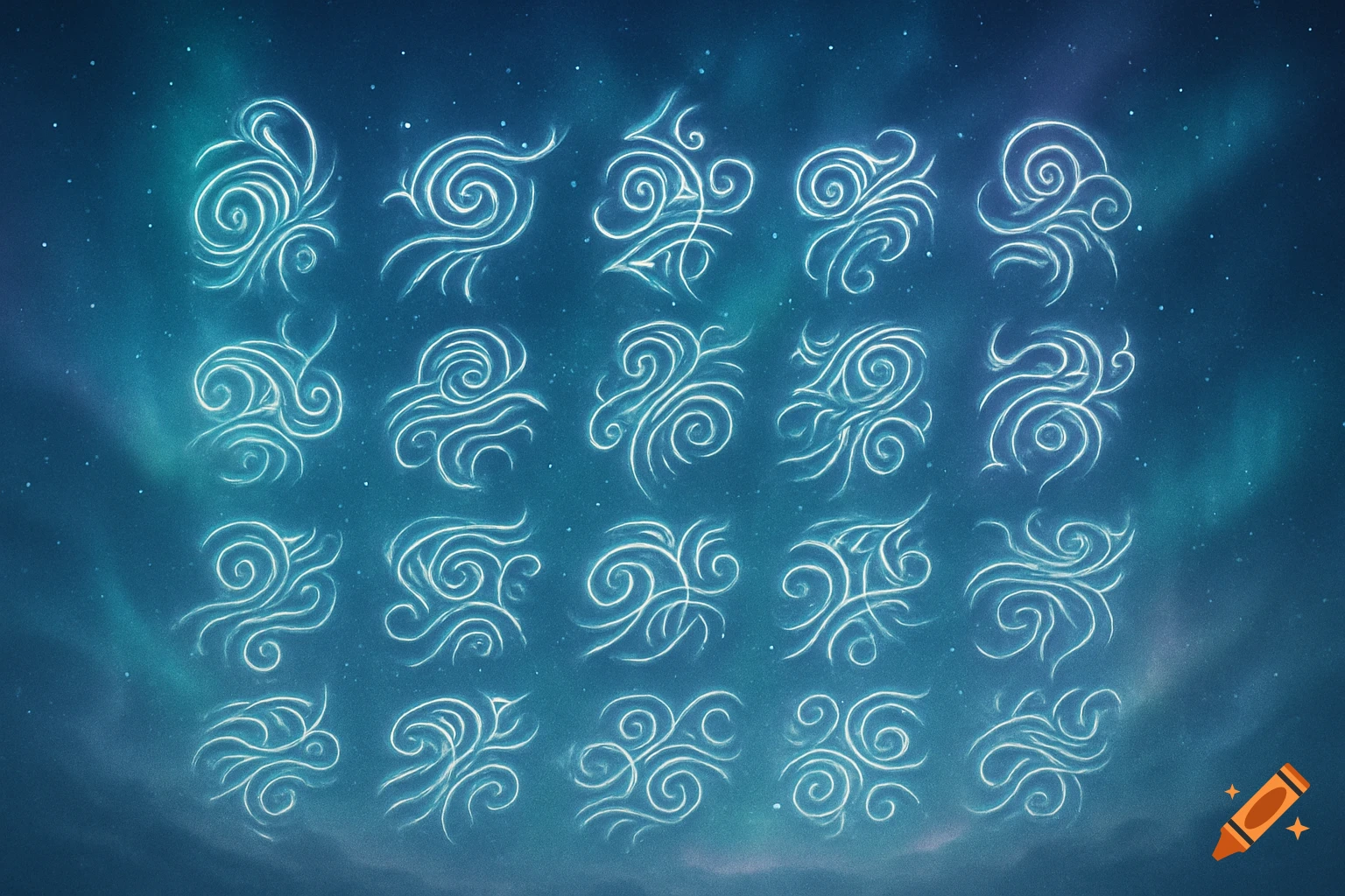 A grid of glowing light blue abstract symbols on a dark blue, starry background resembling an aurora.