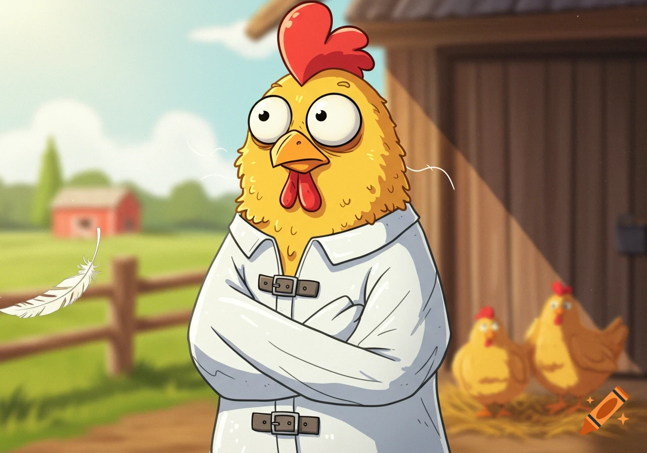 A wide-eyed cartoon chicken wears a white straight jacket in a farmyard, with a feather floating nearby and a barn in the background.