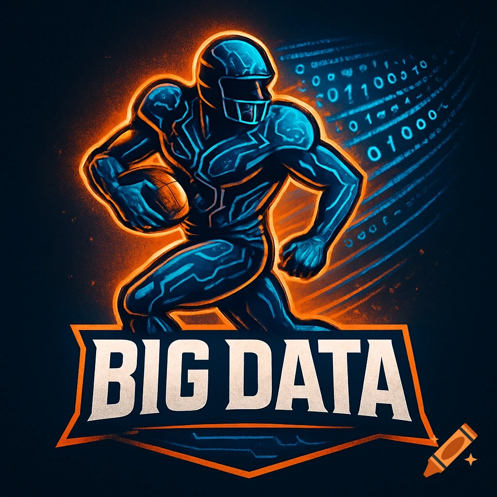 A vibrant digital art logo shows a football player in a blue suit with glowing lines, outlined in orange, holding a football. Binary code glows in the background. A banner below reads 'BIG DATA'.