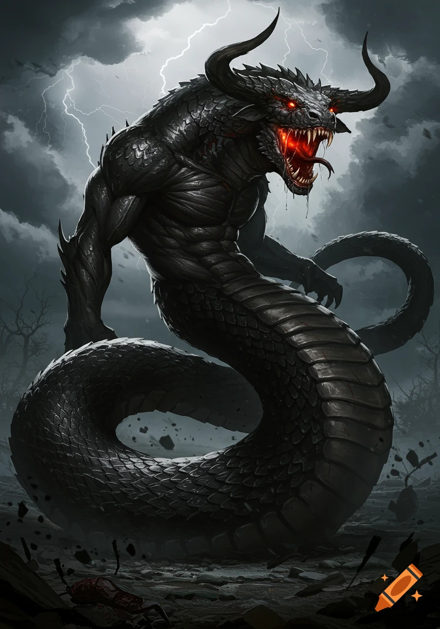 A dark monstrous creature with a bull head, red eyes, sharp teeth, and a snake body stands in a stormy, barren landscape under lightning.