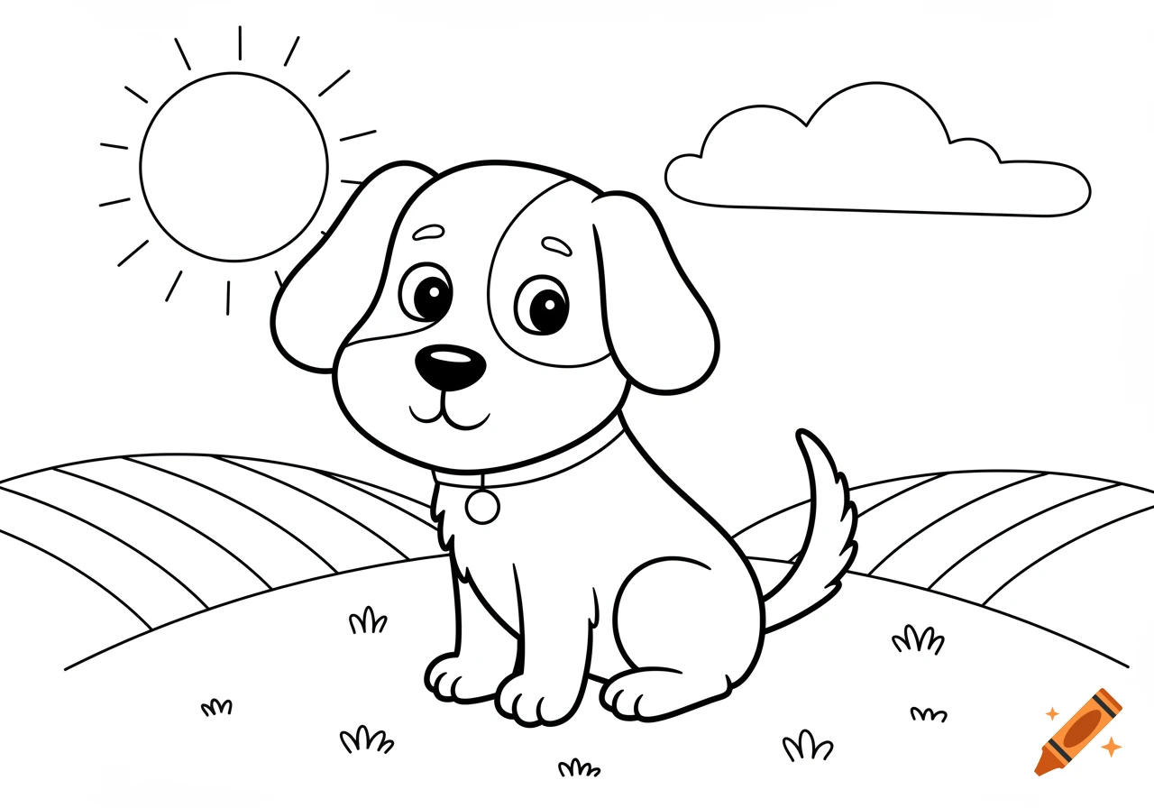 Cartoon dog sitting in a field under the sun, black and white line art for a coloring book.