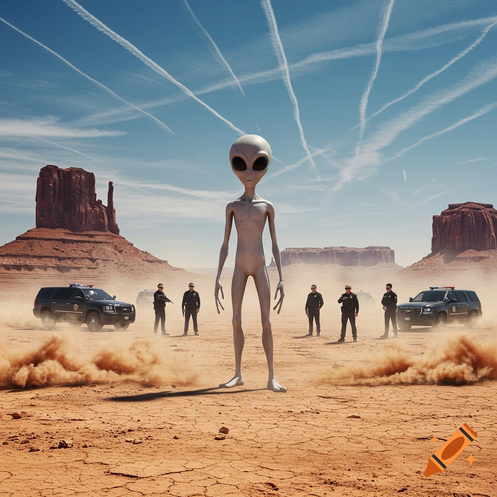 A photorealistic image of a grey alien in a vast desert, surrounded by federal agents and their SUVs.