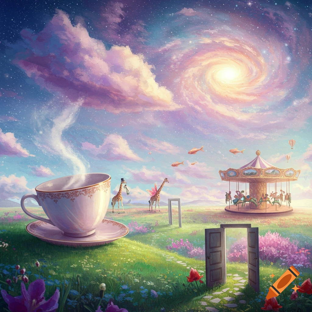 A whimsical dreamscape with a giant teacup, giraffes, a carousel, and floating fish under a vibrant, swirling, starry sky.