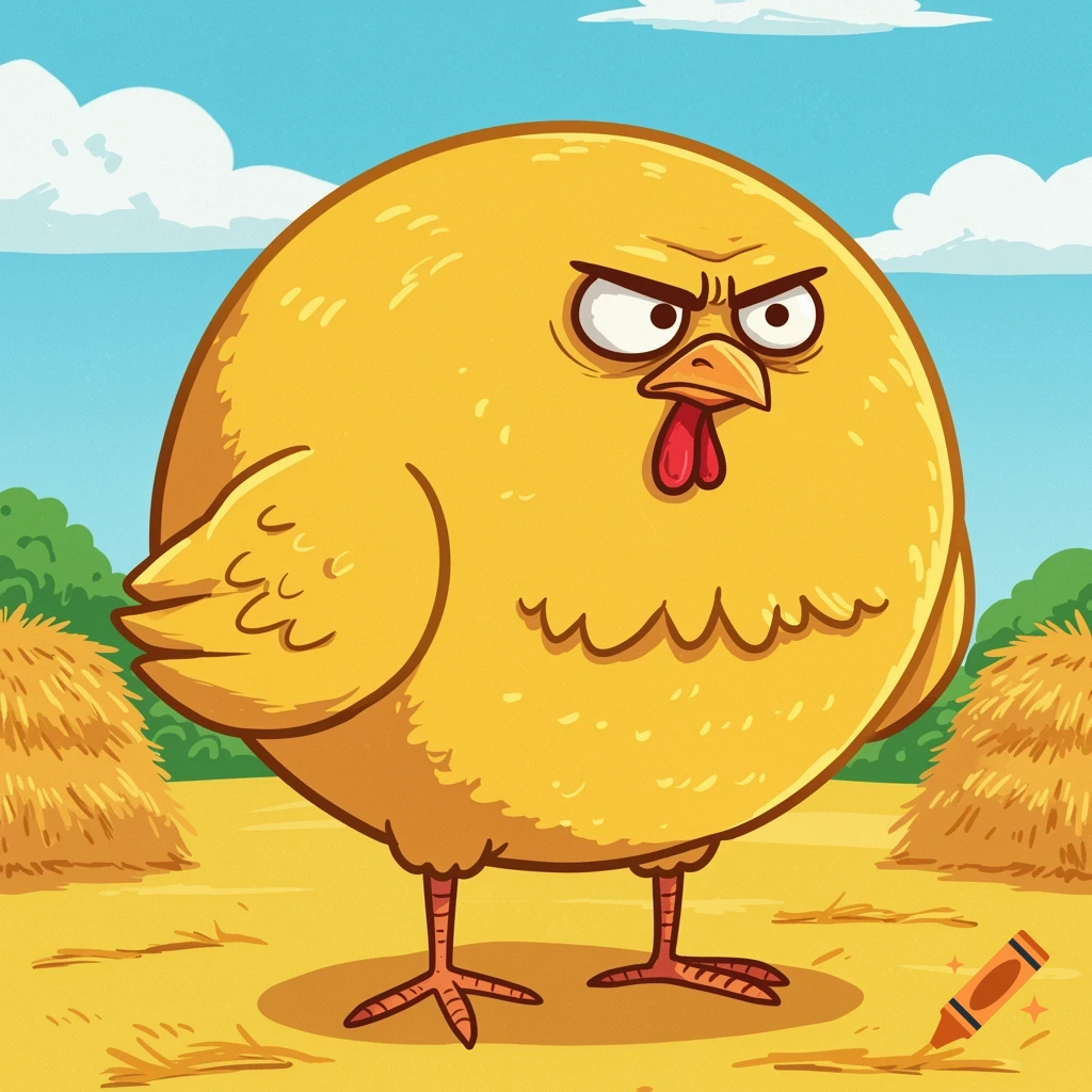 A round, angry yellow cartoon chicken with a red comb and wattle stands in a field with hay bales and green trees under a blue sky.