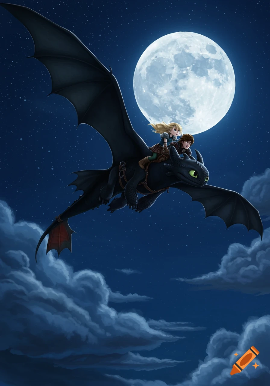 Hiccup and Astrid ride the dragon Toothless across a starry night sky with a large full moon.