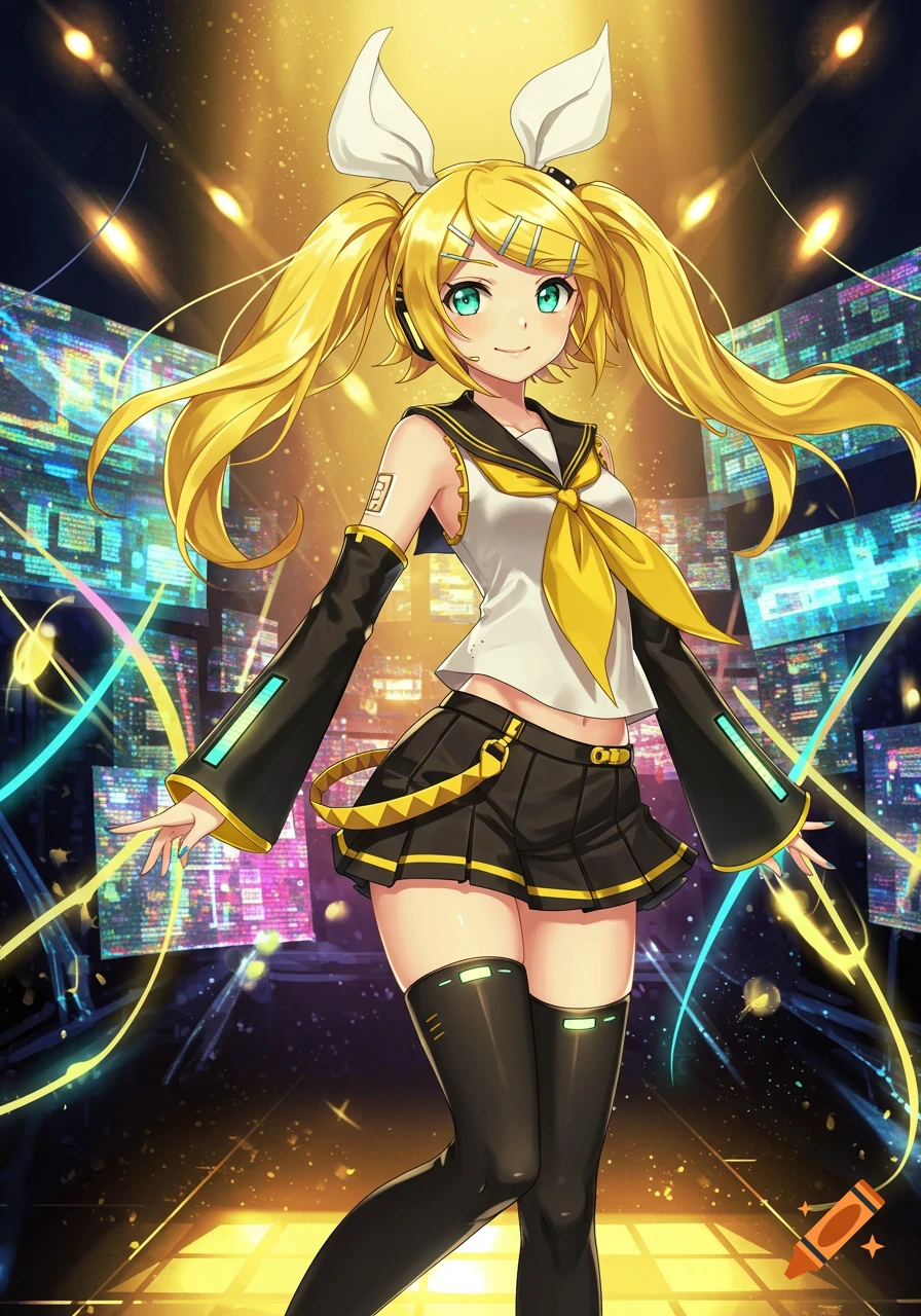 An anime girl with long blonde pigtails and a white and black sailor uniform, standing on a stage with glowing neon lights and digital screens.