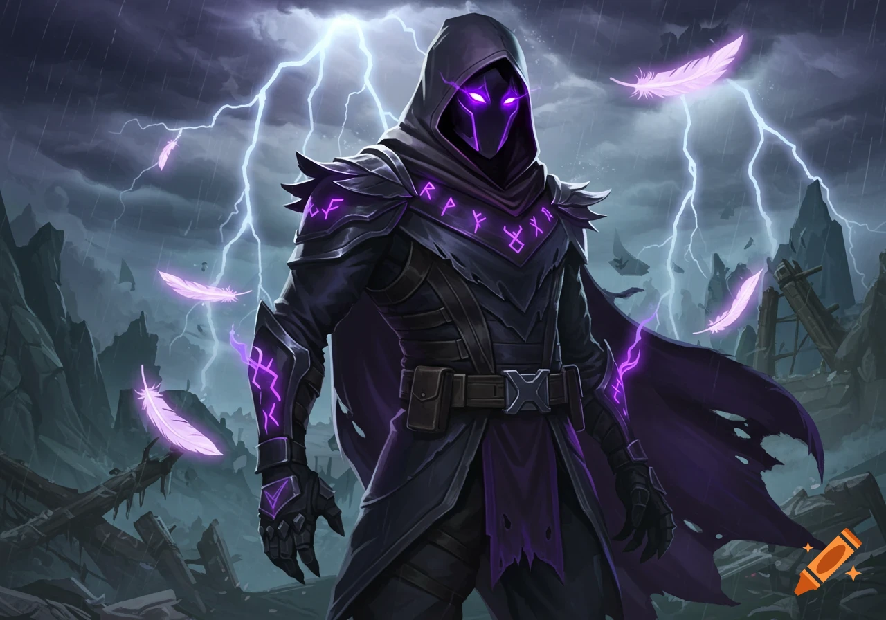 A dark hooded figure with glowing purple eyes and armor adorned with glowing runes stands in a stormy, ruined landscape with lightning and floating purple feathers.