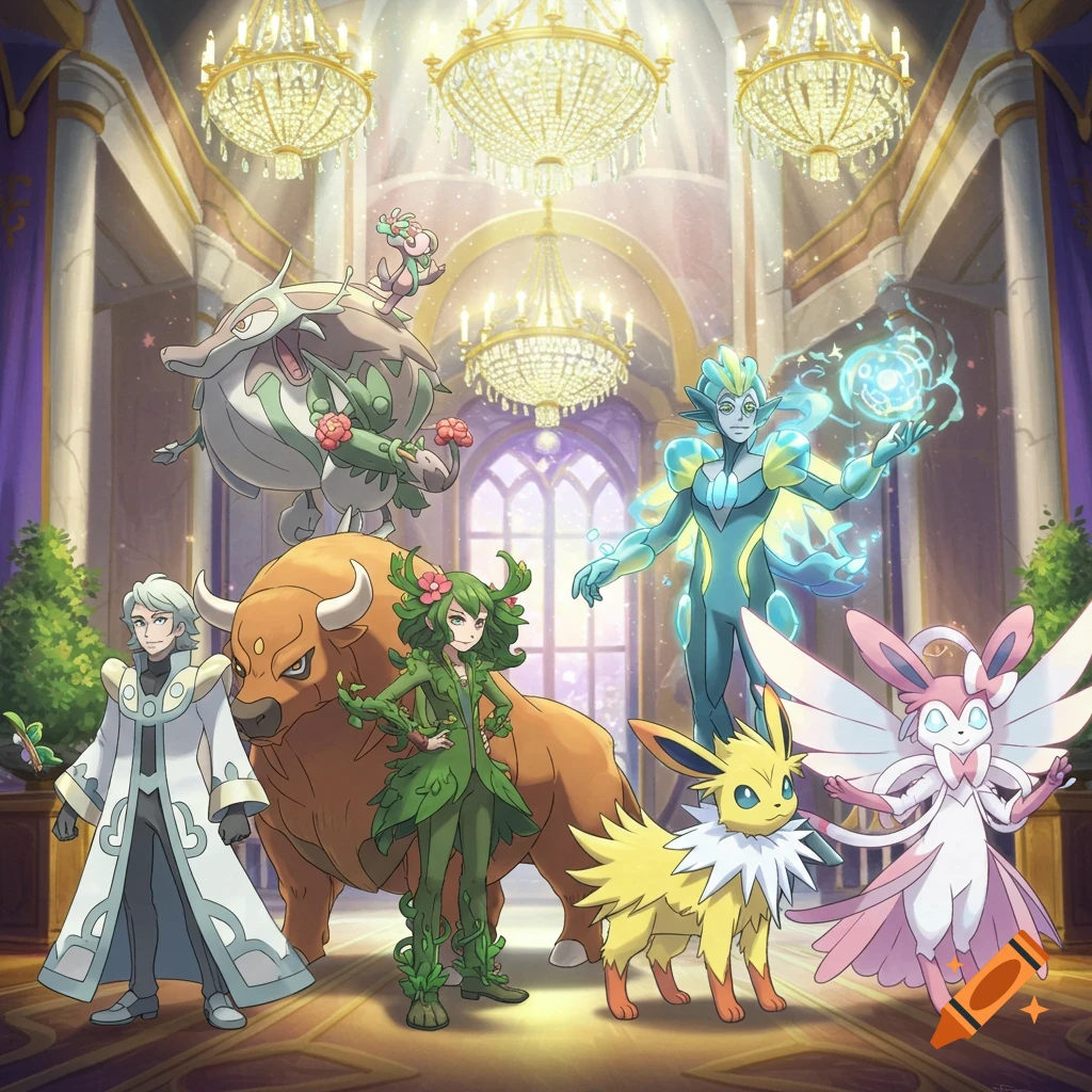 Anime-style characters resembling Pokemon trainers and their Pokemon in a grand hall with chandeliers.