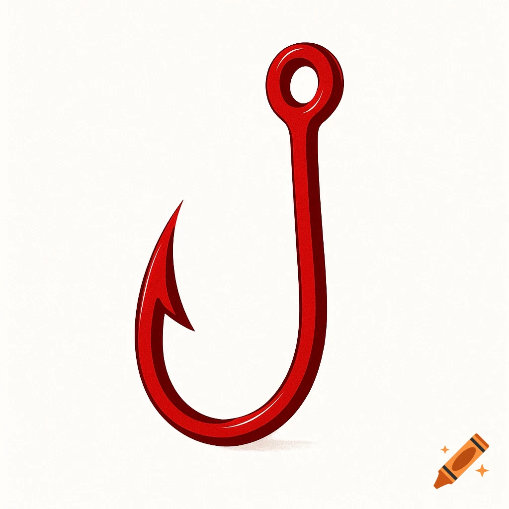 A red fishing hook on a white background.