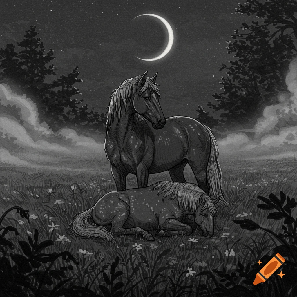 A monochromatic illustration depicts two horses in a moonlit field. One stands, watchful, over another lying down among wildflowers.