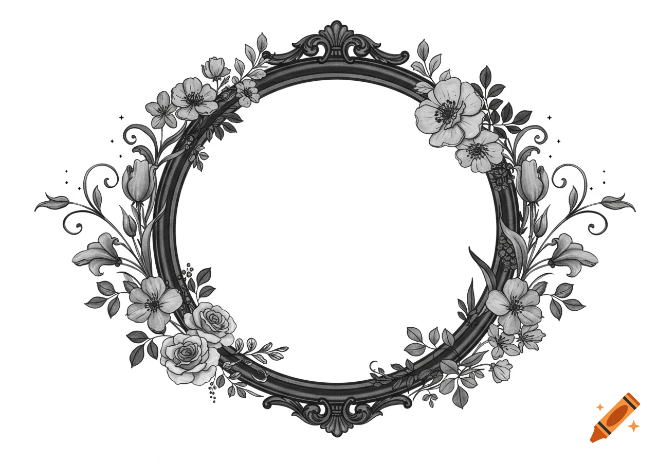 A black and white oval frame with ornate gothic elements, surrounded by a symmetrical border of detailed roses, tulips, wildflowers, and swirling vines in an illustrated style.