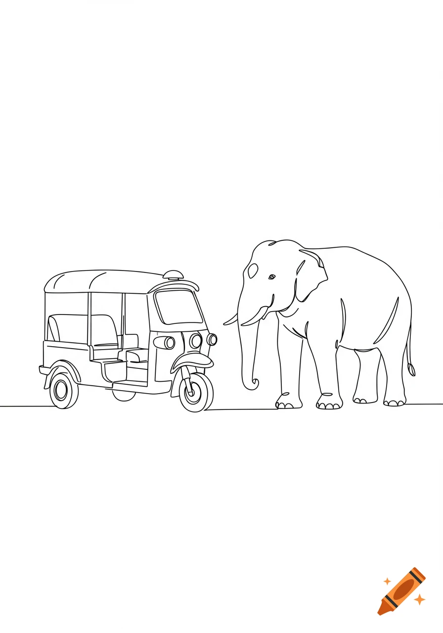 Simple line drawing of a tuk-tuk next to an elephant.