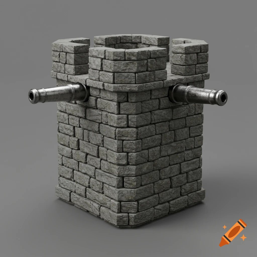 A small stone tower with crenellated battlements and two cannons protruding from its sides, set against a plain grey background.