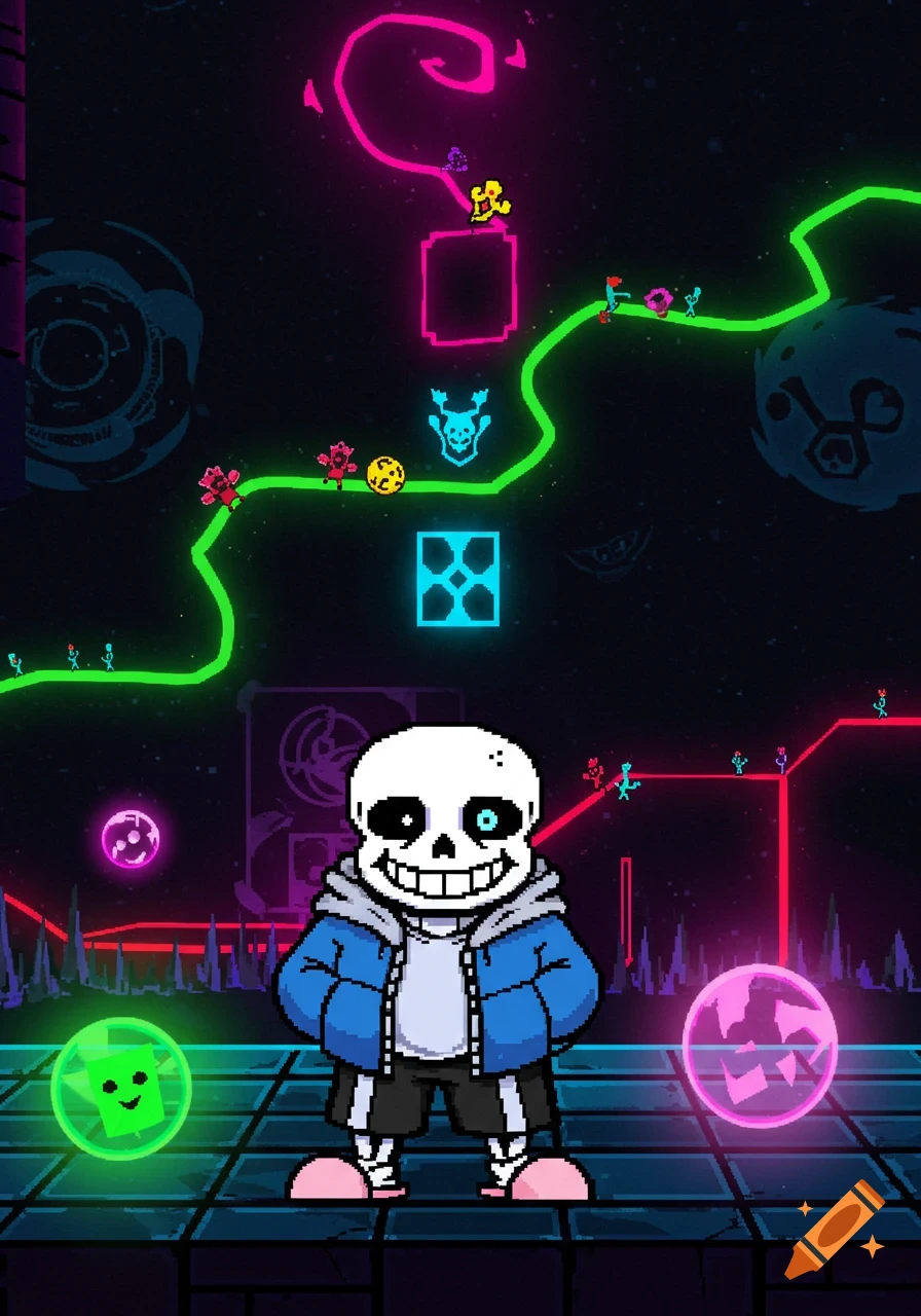 Pixel art of Sans from Undertale in a dark, neon-lit Geometry Dash level, featuring glowing platforms, paths, and icons.