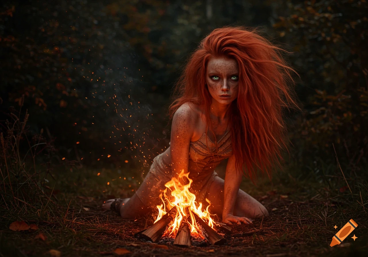 An intense red-haired woman with glowing eyes kneels by a campfire, surrounded by a dark forest.
