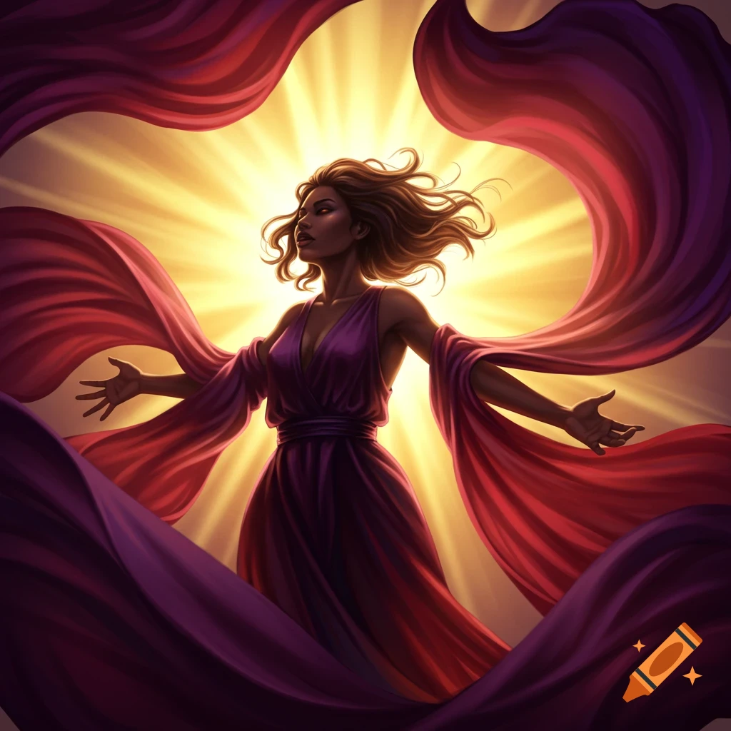 An illustration of a woman in a purple dress with outstretched arms, surrounded by red and purple flowing fabric against a golden light.