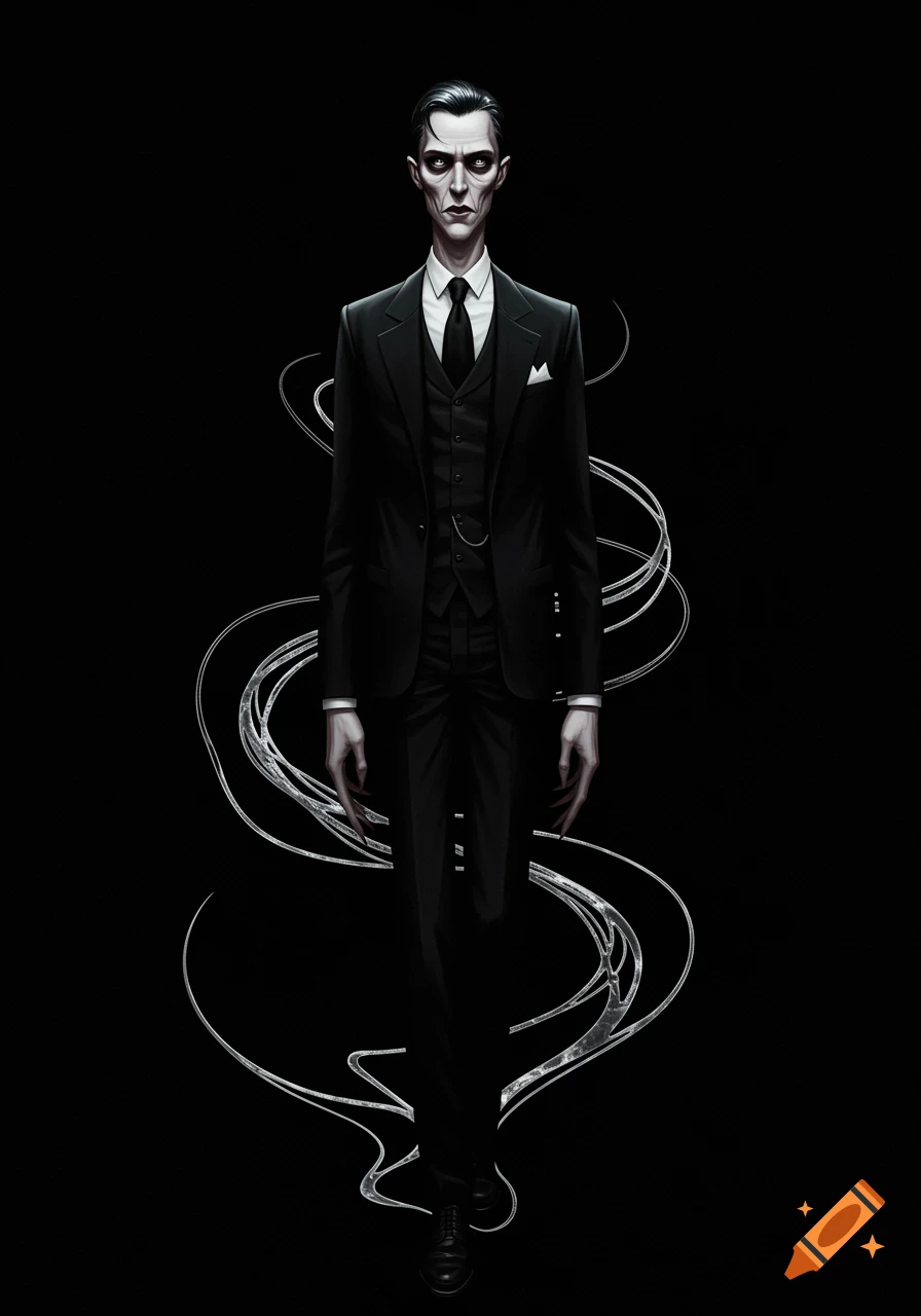 A gaunt, pale man in a black suit with long claw-like fingernails stands in a dark void with silver wisps.