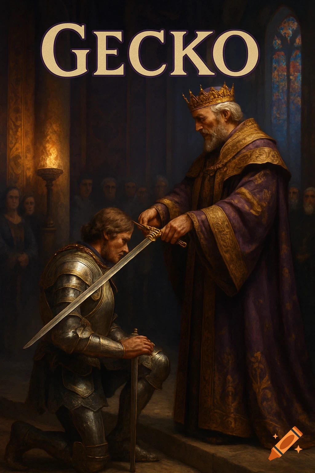 A king in purple robes knights a kneeling knight in shining armor with a sword in a dimly lit hall, with the word 'GECKO' at the top.