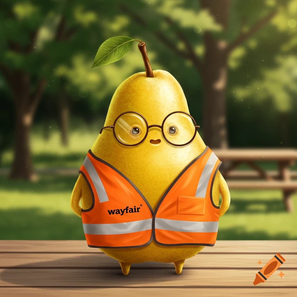 A cute cartoon pear wearing round glasses and an orange safety vest with the Wayfair logo, standing on wood in a park.