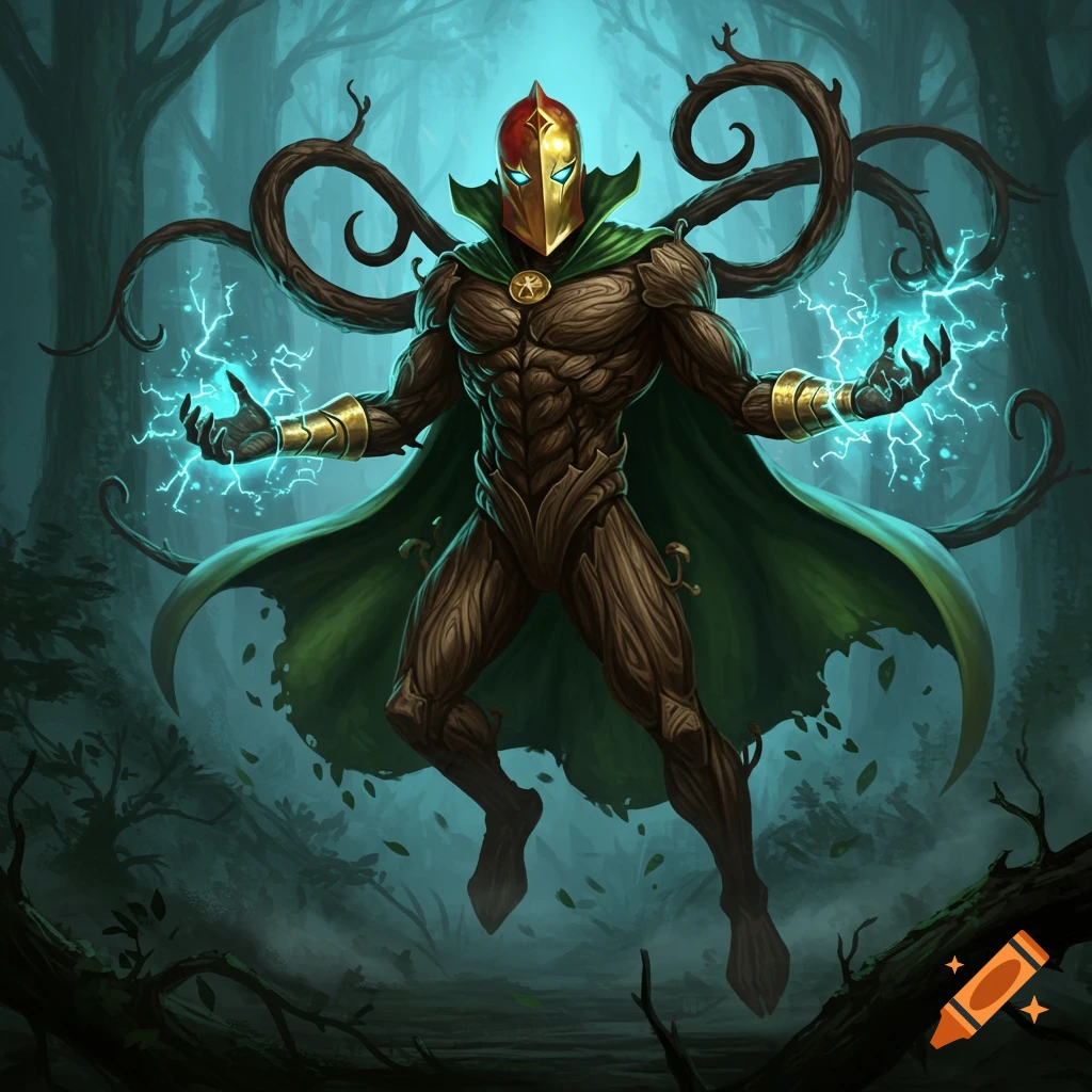 A formidable humanoid creature made of wood with a red and gold helmet and green cape, hovering in a dark forest with blue lightning emanating from its hands.