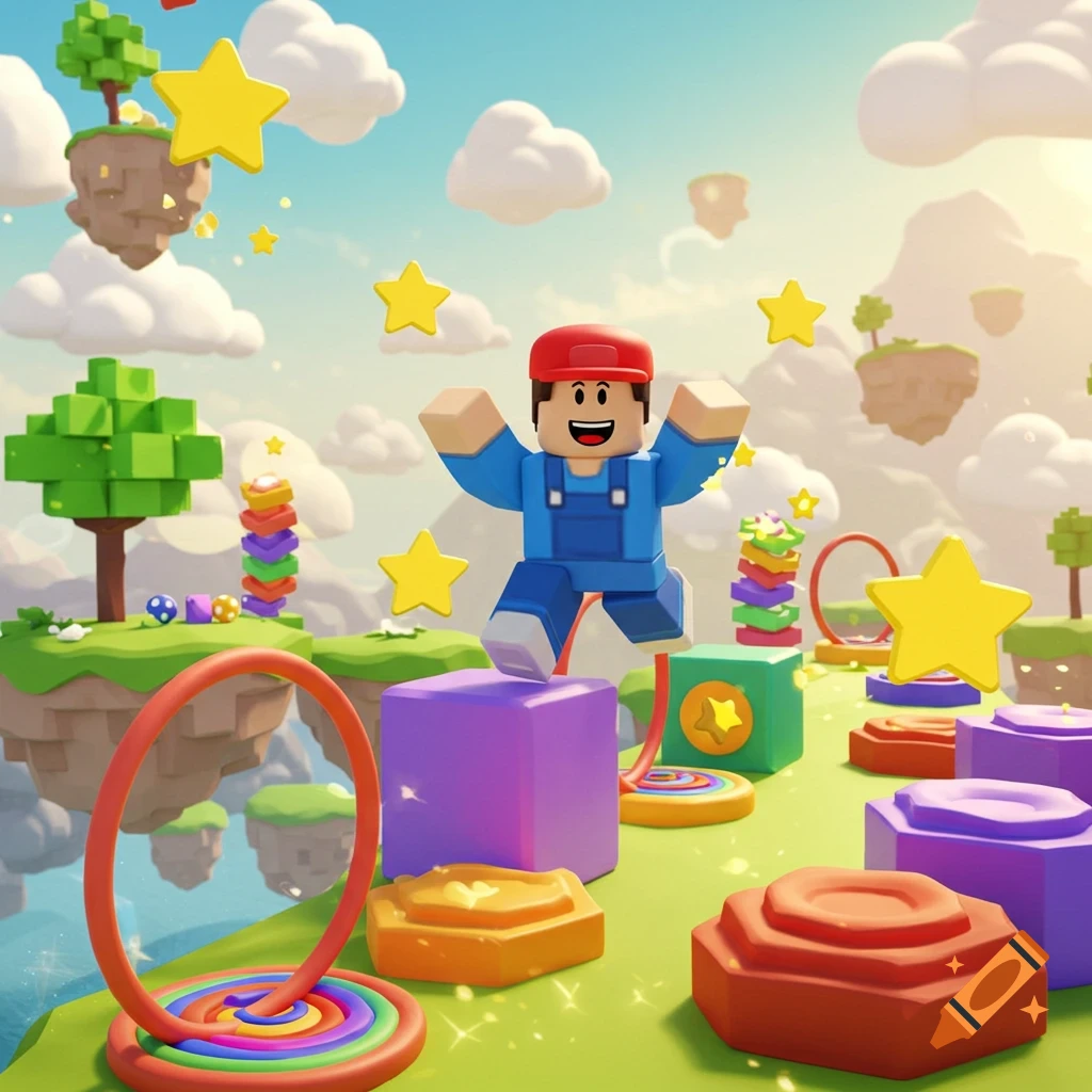 A blocky character in blue overalls jumps on colorful platforms in a whimsical floating island game world.
