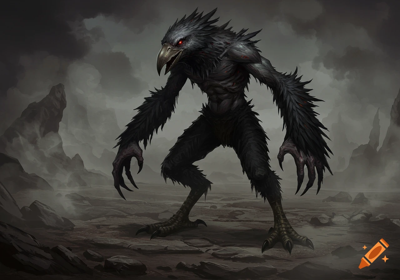 Dark feathered anthropomorphic bird monster with glowing red eyes and sharp talons stands on a desolate, foggy terrain in a fantasy art style.