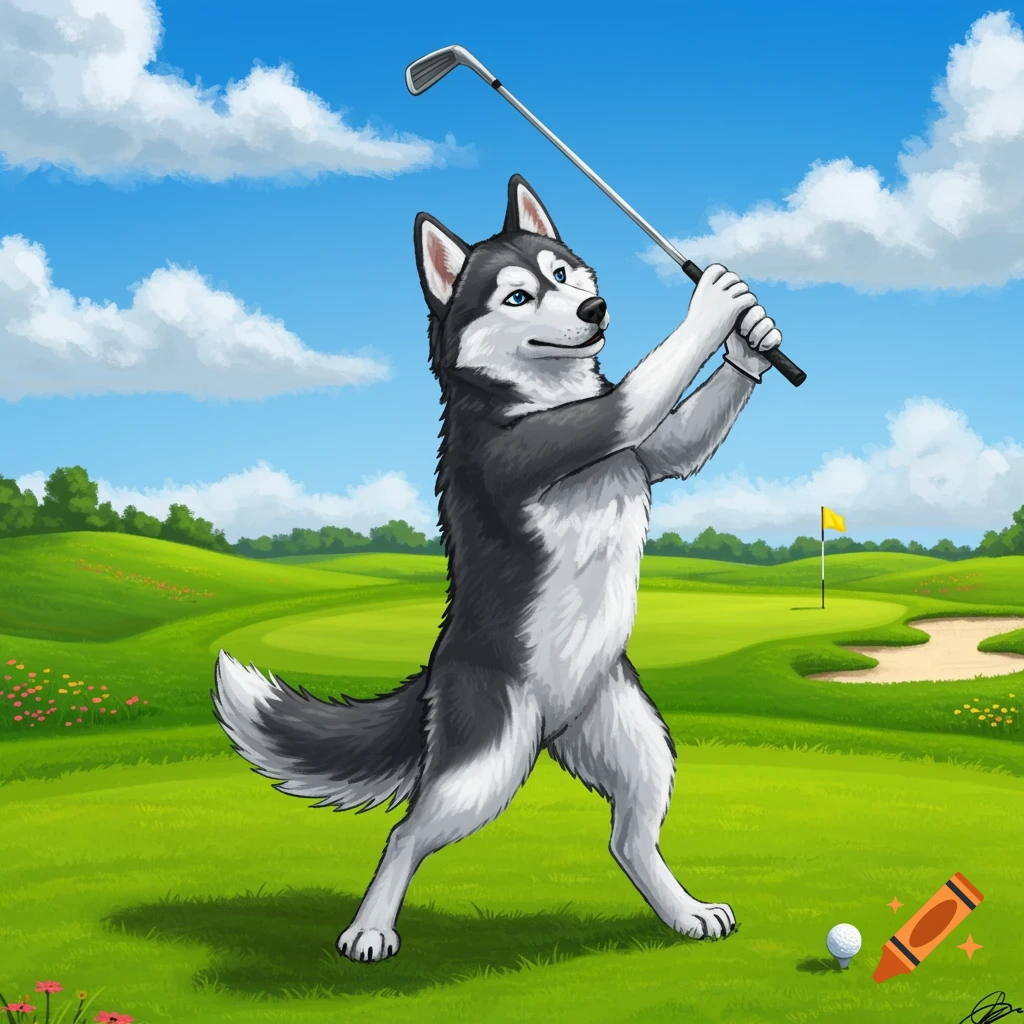 An anthropomorphic husky dog swings a golf club on a green golf course under a blue sky, in a cartoon style.