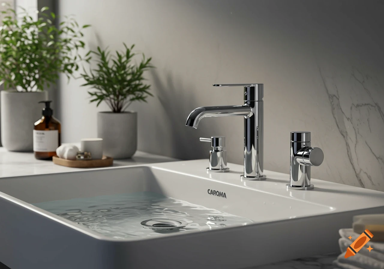 A modern bathroom sink with chrome faucets, potted plants, and soap on a marble counter.