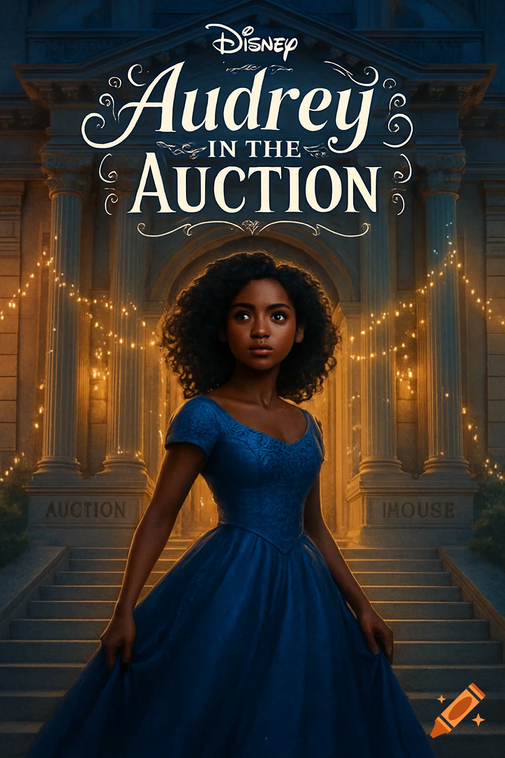 A stylized Disney movie poster featuring a young Black woman in a blue gown standing on steps in front of a grand building illuminated by string lights. The title reads 'Audrey IN THE AUCTION'.
