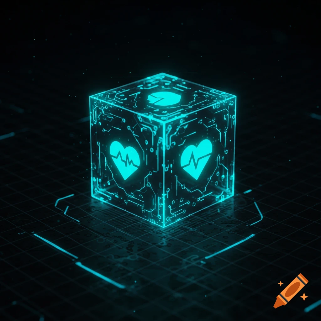 A glowing cyan cube with circuit patterns and heart icons, set against a dark, futuristic grid background.