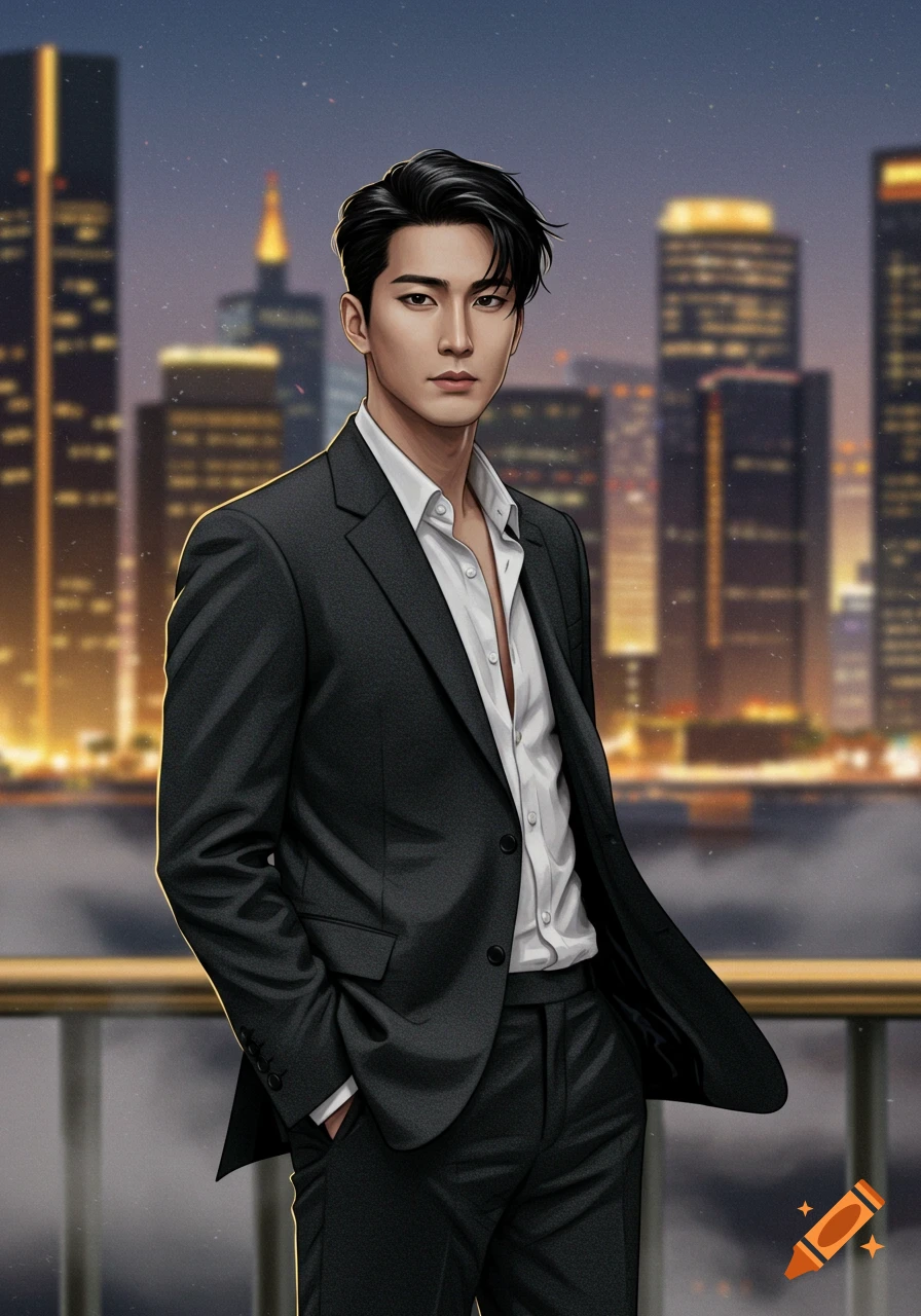 A stylish East Asian man in a dark suit with an open-collared white shirt stands overlooking a city skyline at dusk.
