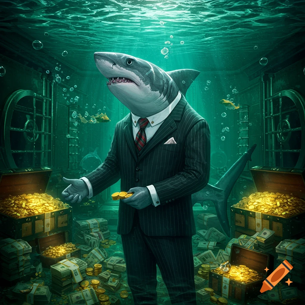 A dapper shark in a pinstripe suit and tie stands underwater amidst chests overflowing with gold coins and stacks of money.