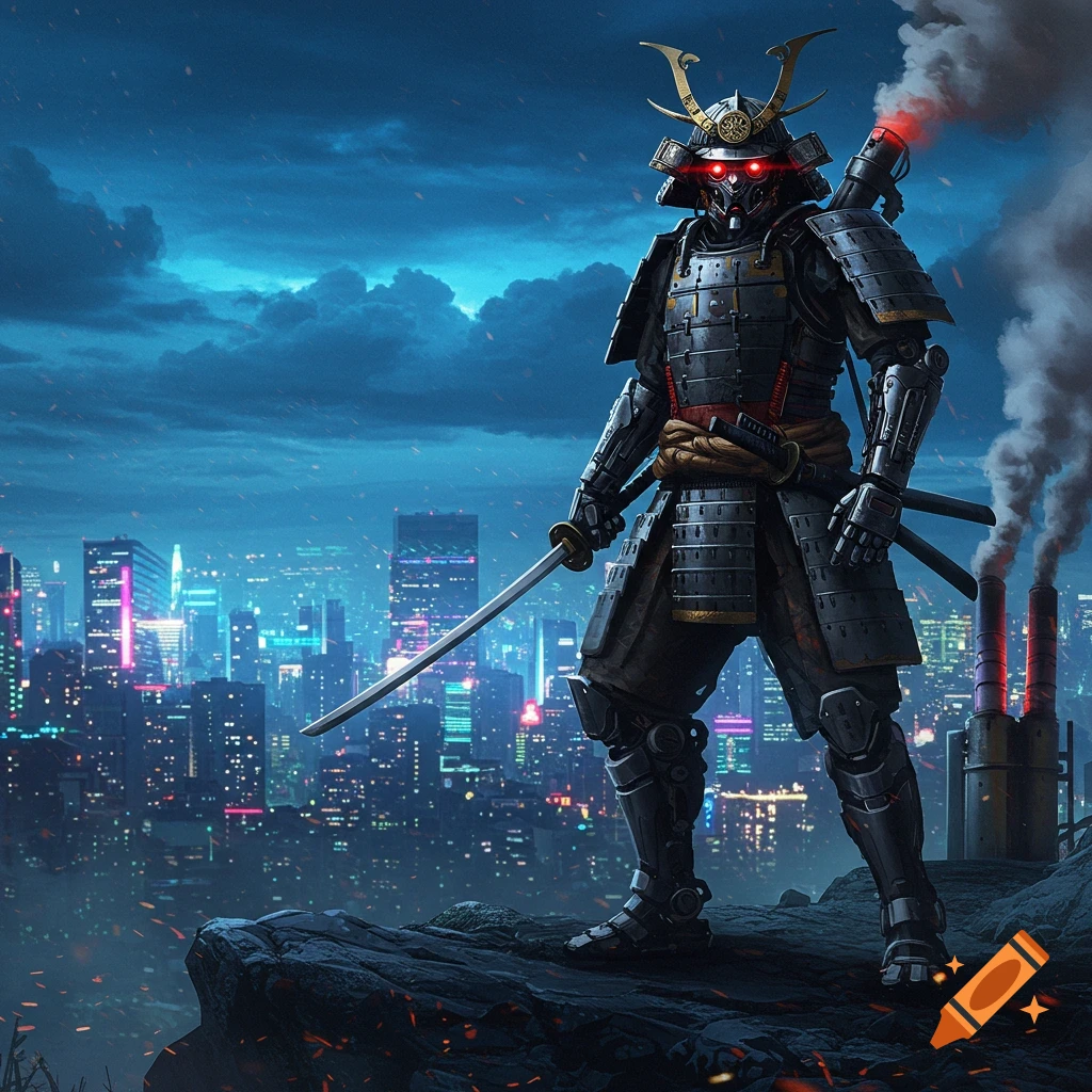 A mecha samurai with glowing red eyes stands on a rocky cliff overlooking a vibrant, futuristic cyberpunk city at night.