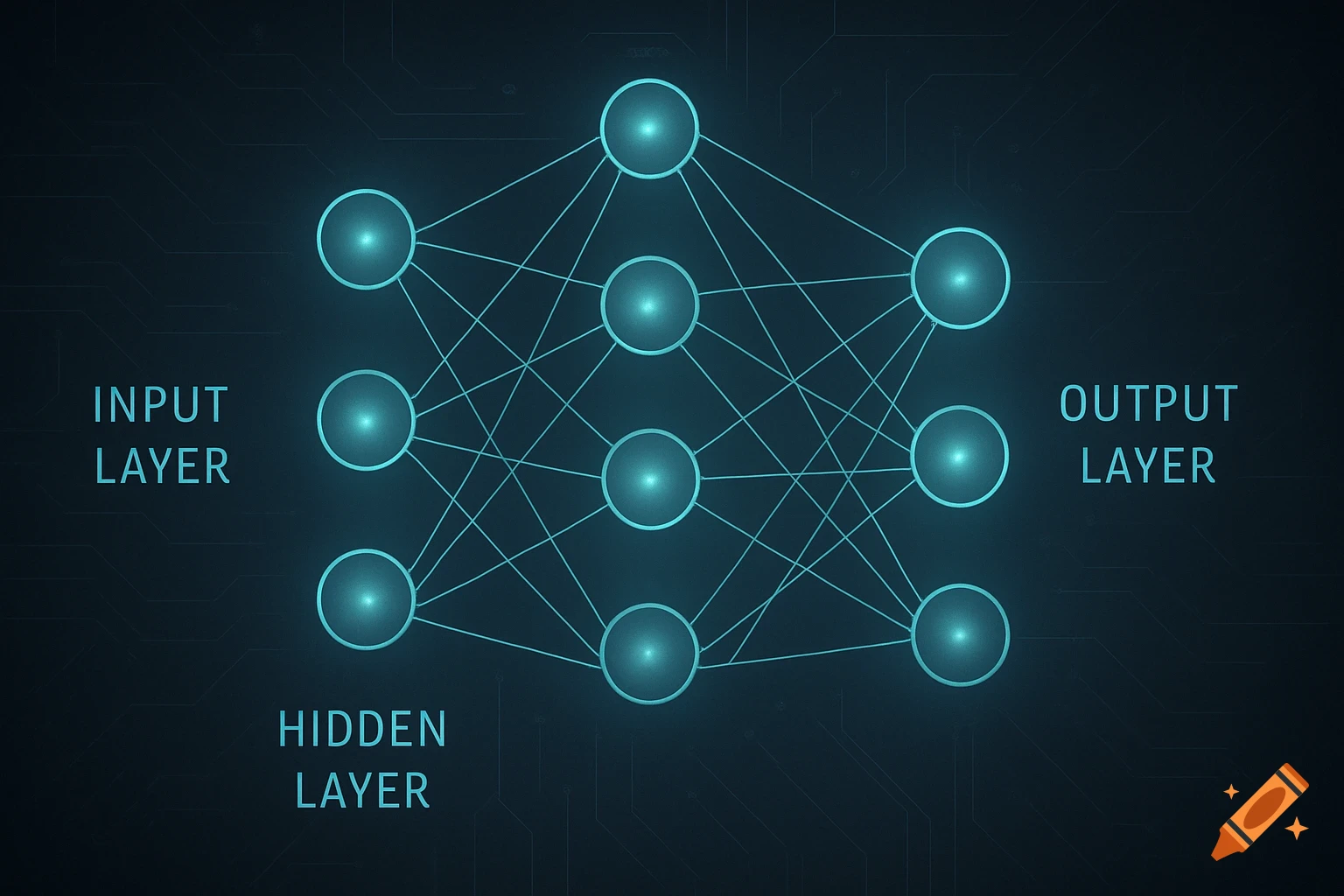 Stylized diagram of a shallow neural network with labeled input, hidden, and output layers against a dark circuit board background.