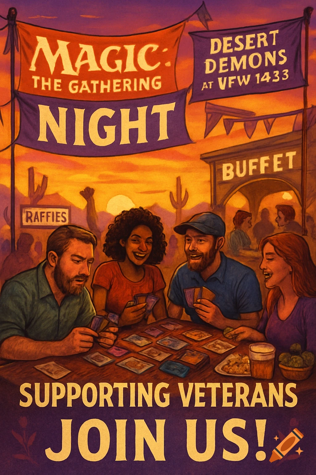 An illustration of a desert night scene with people playing a card game under banners reading "Magic: The Gathering Night" and "Desert Demons at VFW 1433," with text below stating "Supporting Veterans Join Us!"