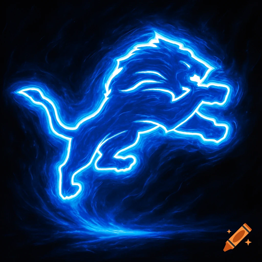A glowing, neon blue outline of the Detroit Lions NFL logo on a dark background.