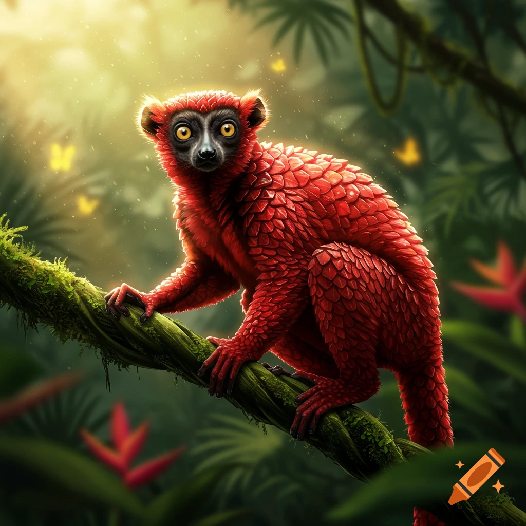 Red scaled lemur with big yellow eyes sitting on a mossy branch in a sunlit jungle.