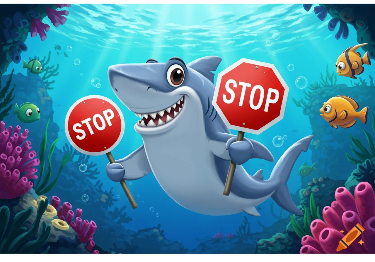 A smiling cartoon shark holding two red stop signs underwater, surrounded by colorful coral and cheerful fish.