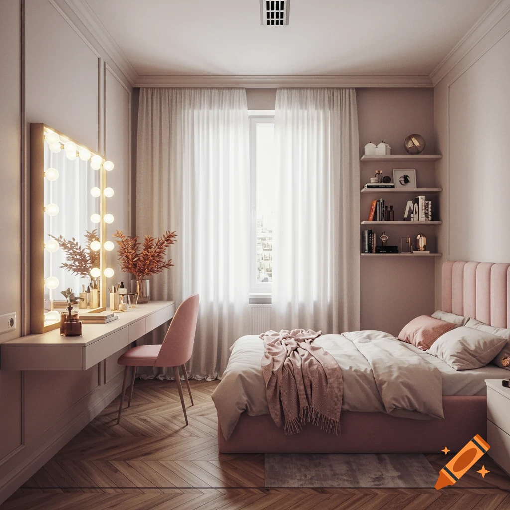 A modern bedroom featuring a pink bed, a floating vanity with a lighted Hollywood mirror, bookshelves, and herringbone hardwood floors.