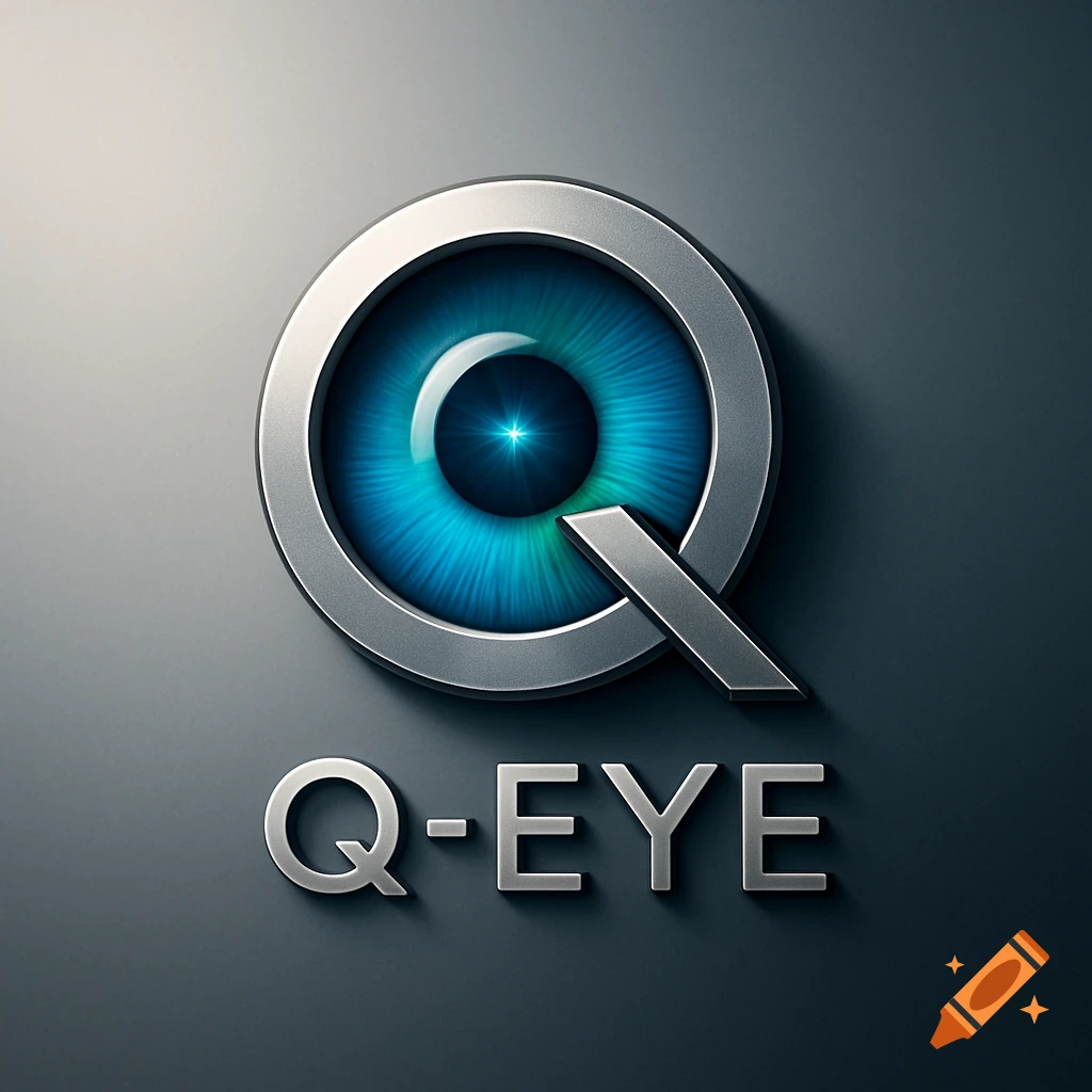 A metallic silver 'Q' logo with a blue eye forming the 'O' part, text 'Q-EYE' below on a gray background, 3D style.