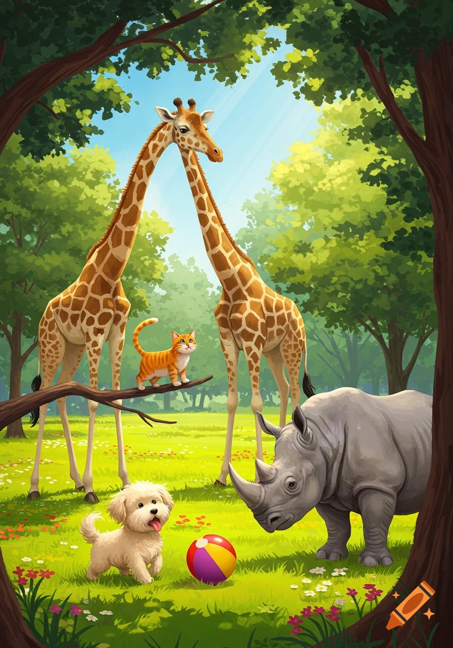 Cartoon animals in a lush green park. Two giraffes, a cat on a branch, a white puppy with a ball, and a rhinoceros.