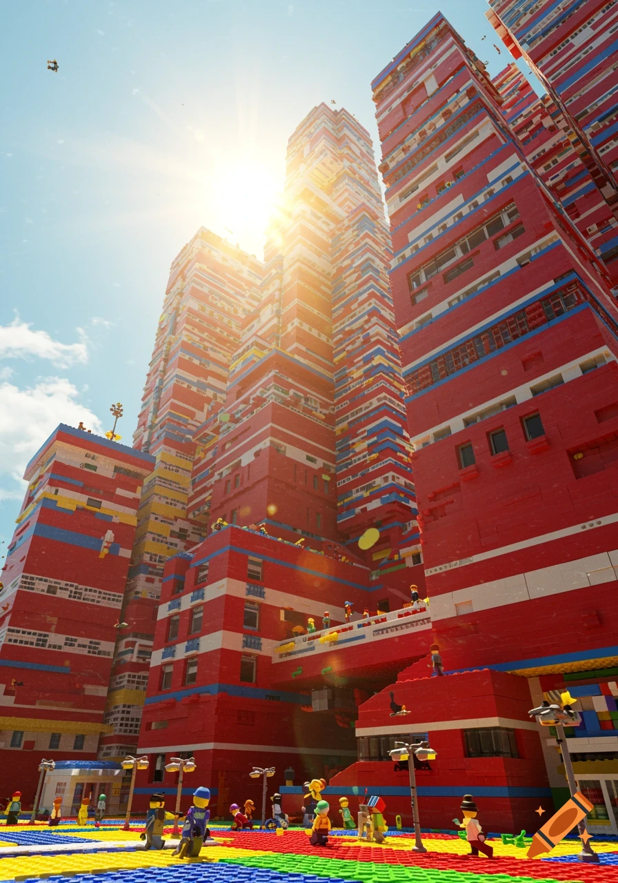 A low-angle view of massive, colorful Lego skyscrapers under a bright, sunny sky, with Lego minifigures on the ground.