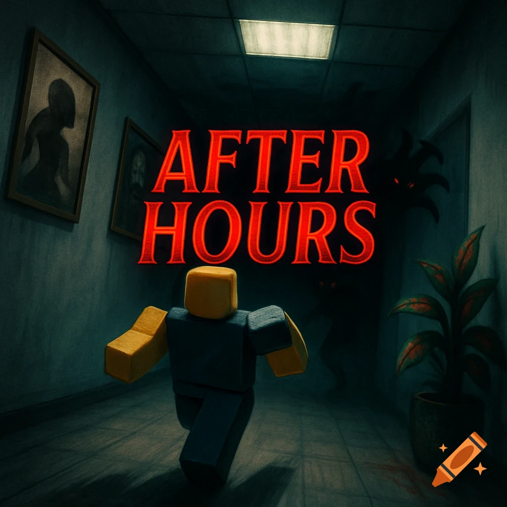Roblox character runs from shadowy monsters in a dark, eerie hallway. Red text "AFTER HOURS" glows above.