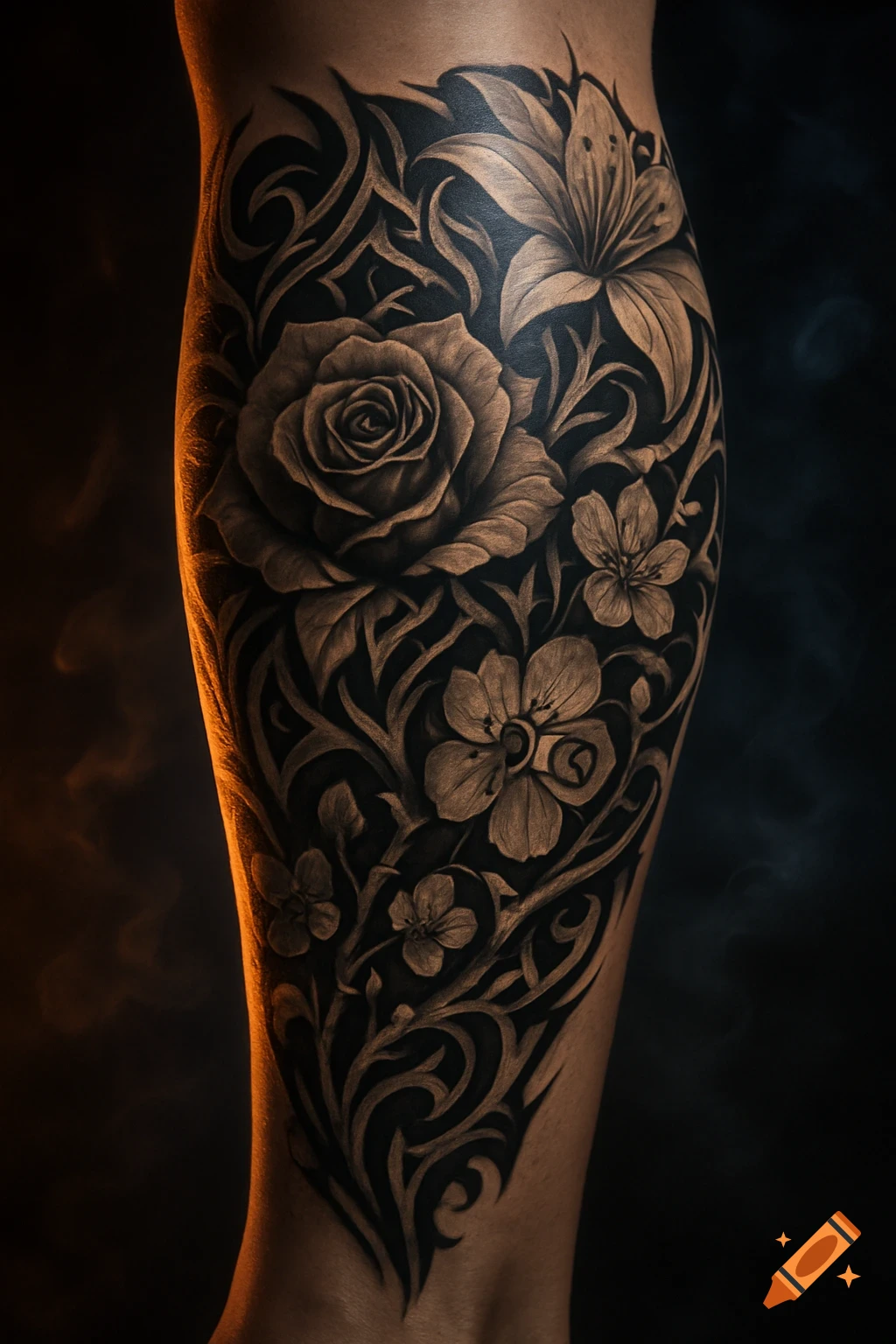 A detailed monochrome floral tattoo with roses, lilies, and cherry blossoms covering a calf, with tribal patterns and dramatic lighting.